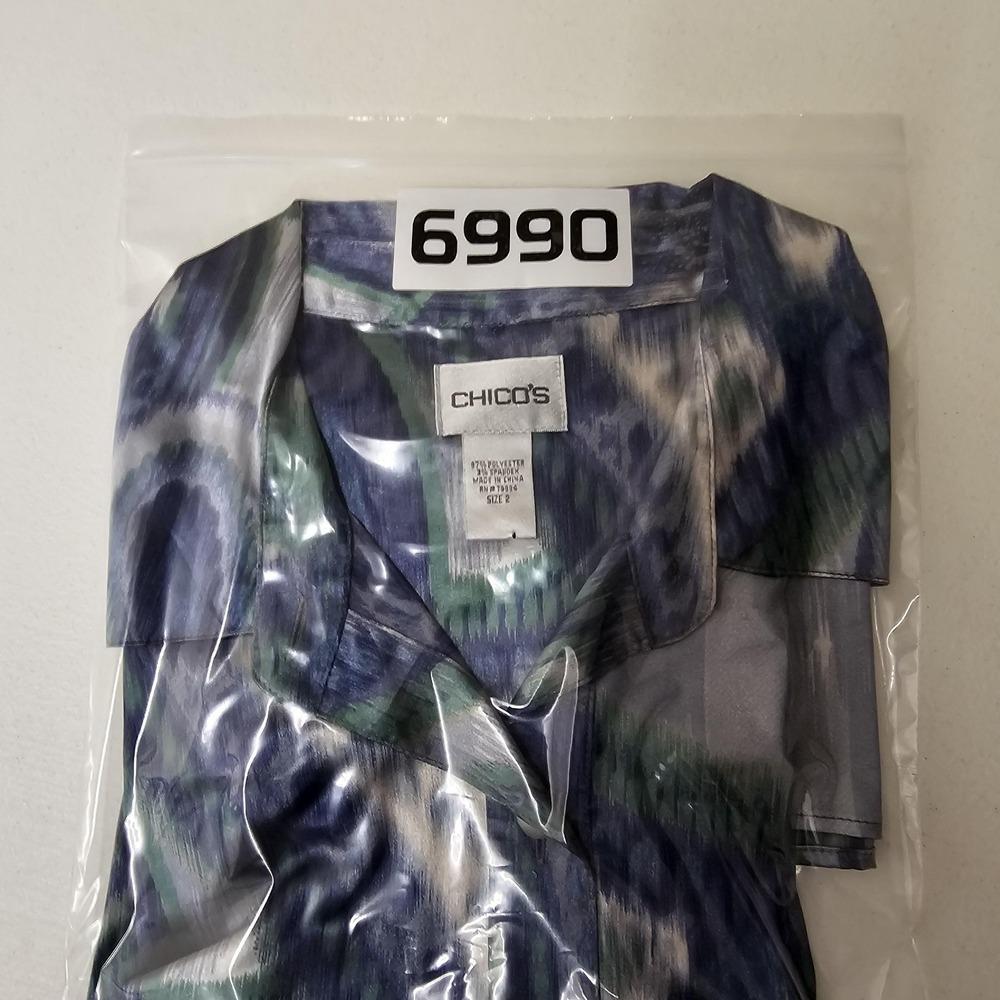 Chicos Shirt Womens 2 Blue Green Paisley Button Up Sheer 3/4 Sleeve Stretch‎ Top - Picture 9 of 9